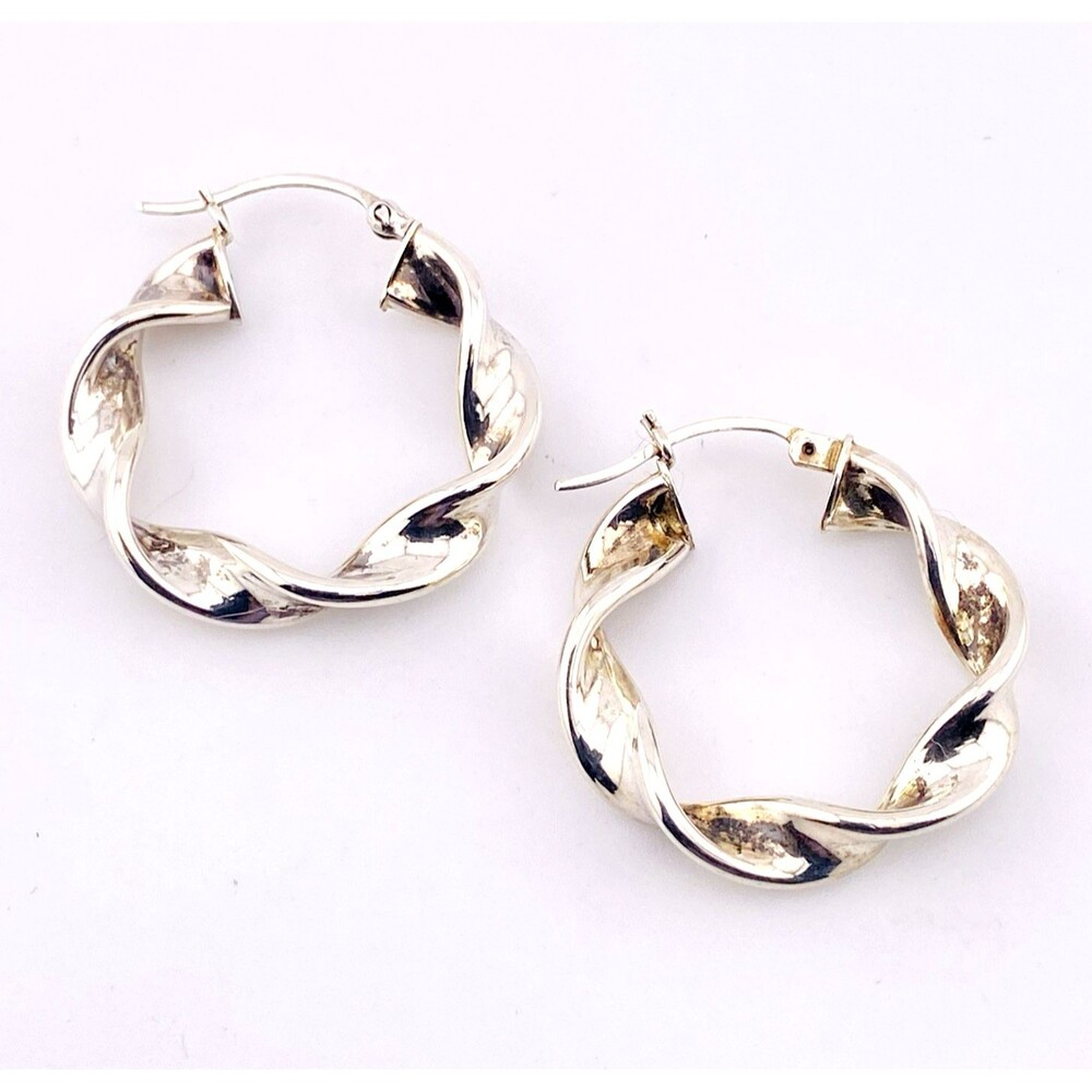 Twisted Ribbon Hoops Earrings Sterling Silver 1 1/8" 6MM Deep Signed SA Vintage